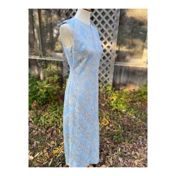 Vintage 50s Metallic Ice Blue Formal Gown Dress Maxi Silver Threads Cheongsam - Picture 6 of 14